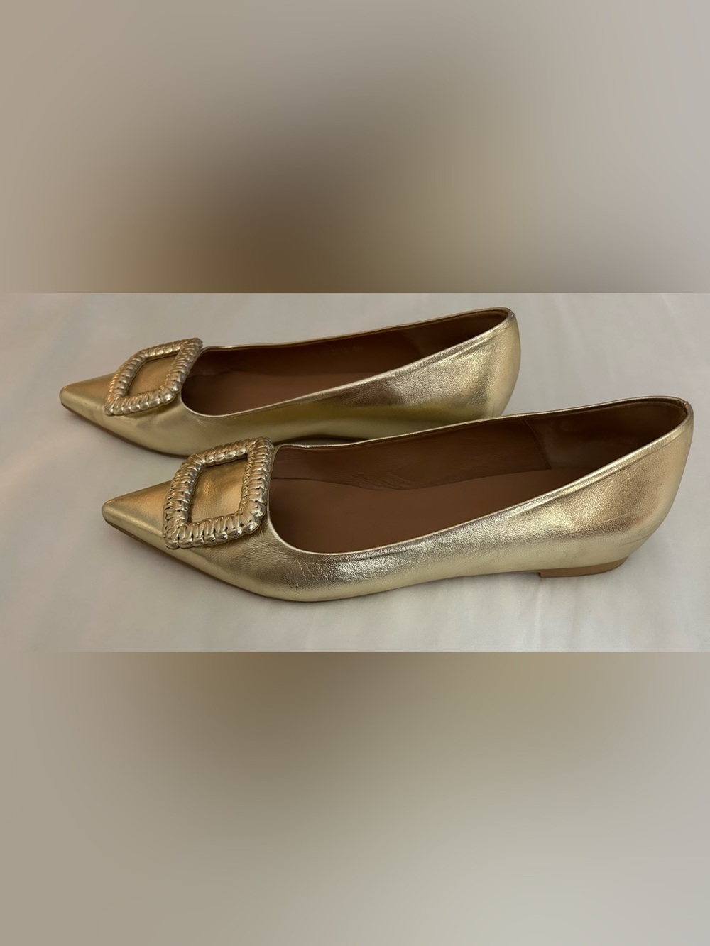 Aquatalia Metallic Gold Pointed-Toe Flats with Decorative Buckle - Picture 2 of 5